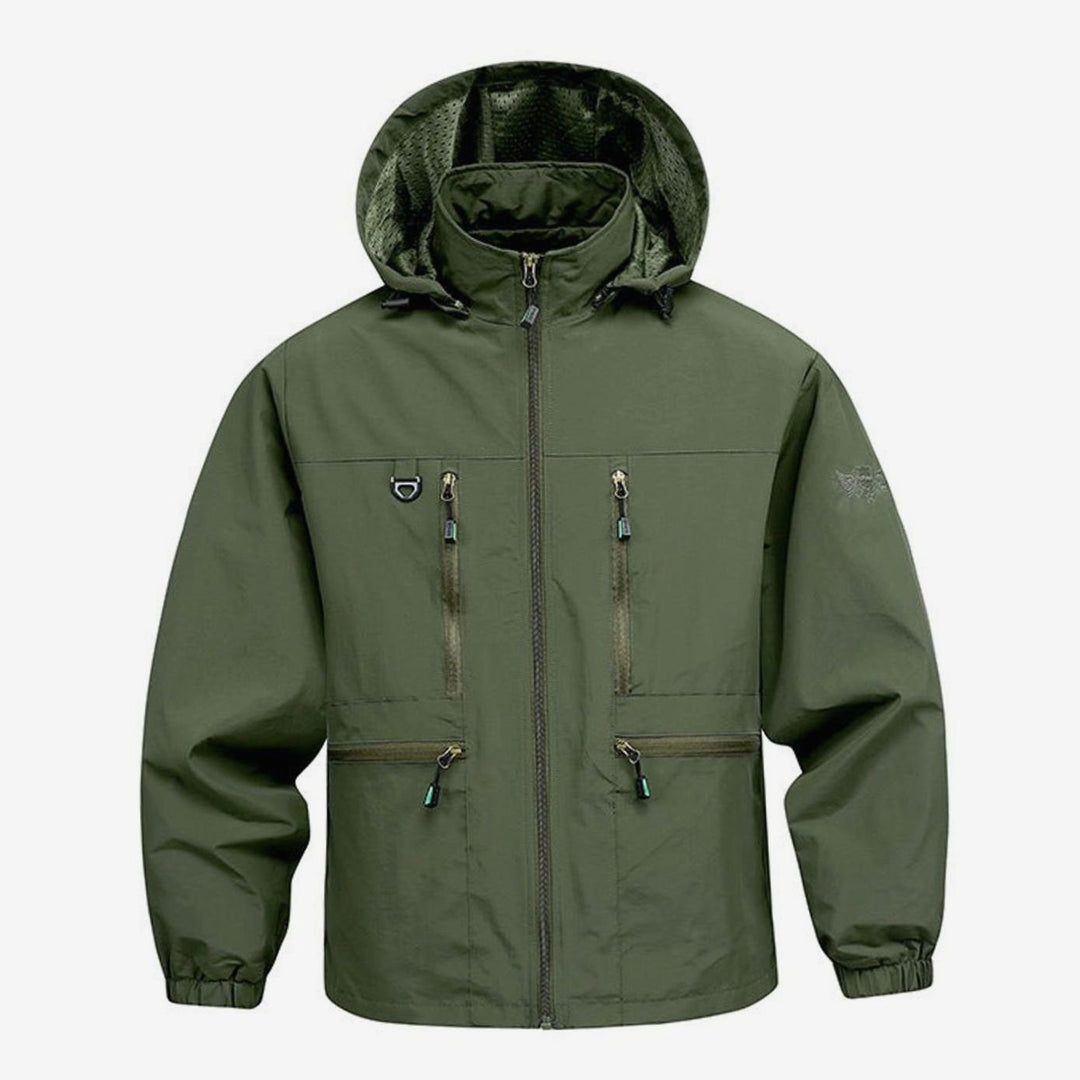 Men's Waterproof Hooded Windbreaker Jacket Multi-Pocket - Military Green
