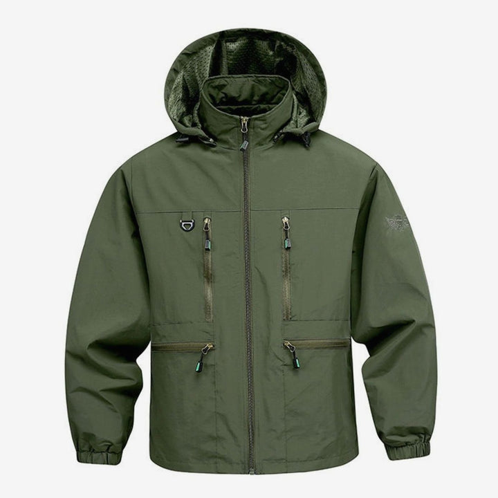 Men's Waterproof Hooded Windbreaker Jacket Multi-Pocket - Military Green