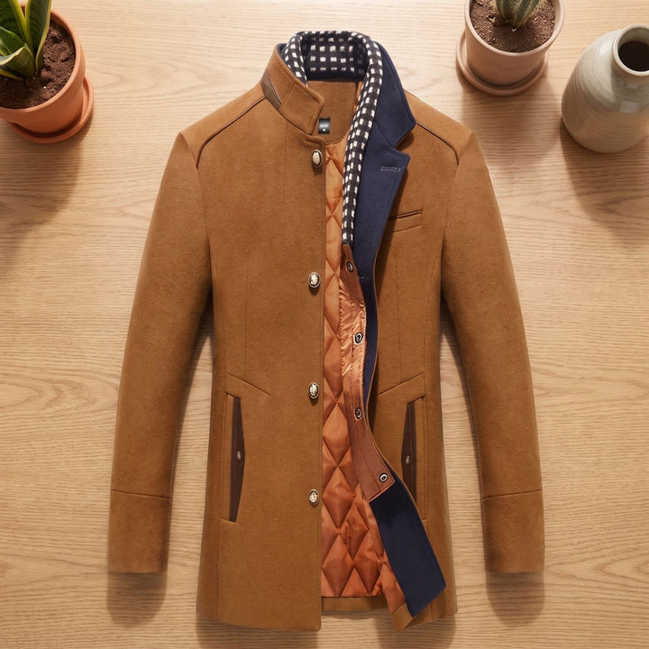 Men's Wool-Blend Oversized Button-Front Stand-Collar Coat - Brown