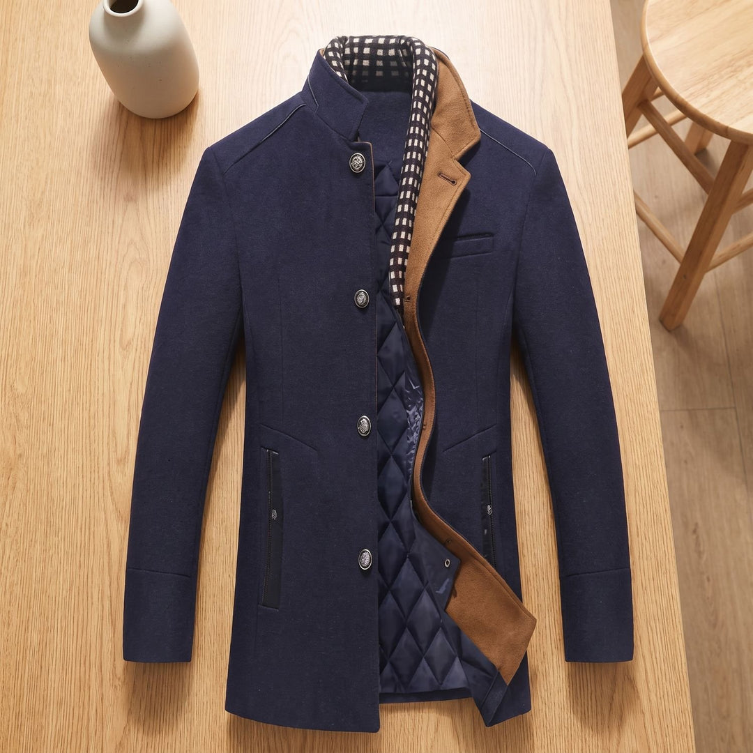 Men's Wool-Blend Oversized Button-Front Stand-Collar Coat - Blue