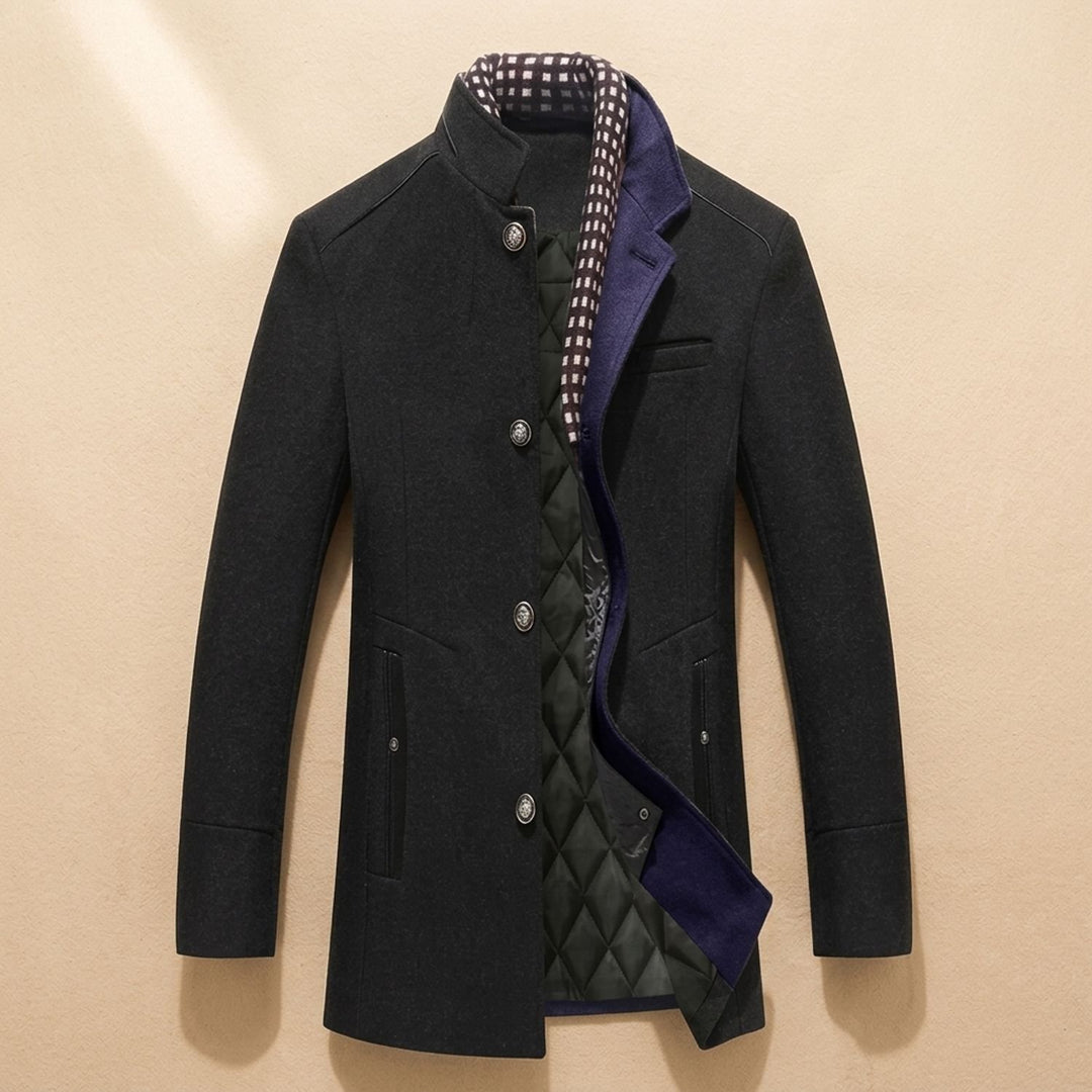 Men's Wool-Blend Oversized Button-Front Stand-Collar Coat - Black