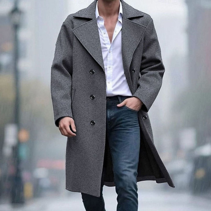 Men's Wool Double-Breasted Tailored Long Overcoat - Dark Grey
