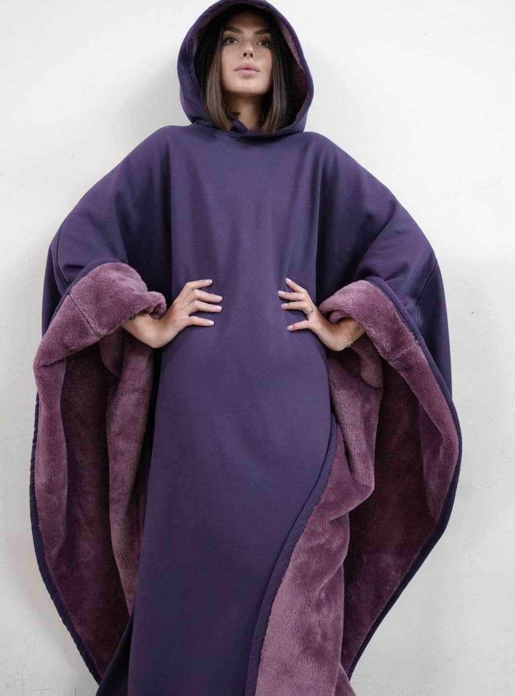 Unisex Hooded Fleece Poncho Oversized Lightweight Cape
