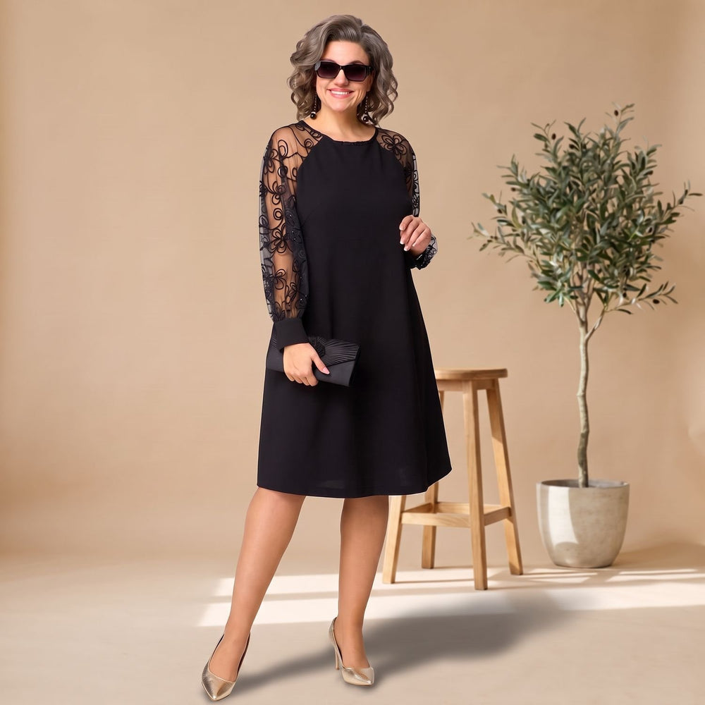 Women's A-Line Knee-Length Lace Sleeve Round-Neck Dress