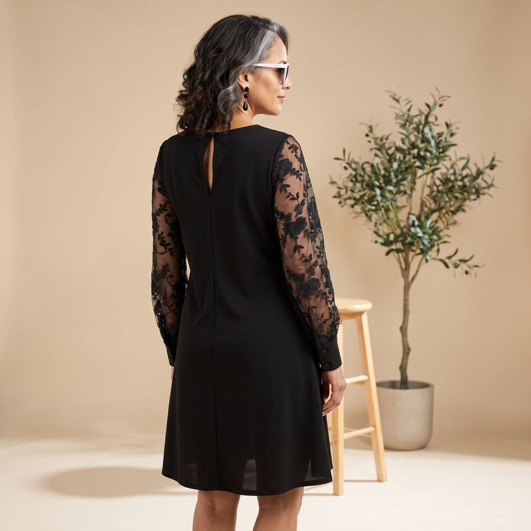 Women's A-Line Knee-Length Lace Sleeve Round-Neck Dress