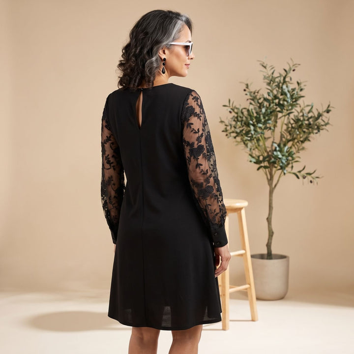 Women's A-Line Knee-Length Lace Sleeve Round-Neck Dress