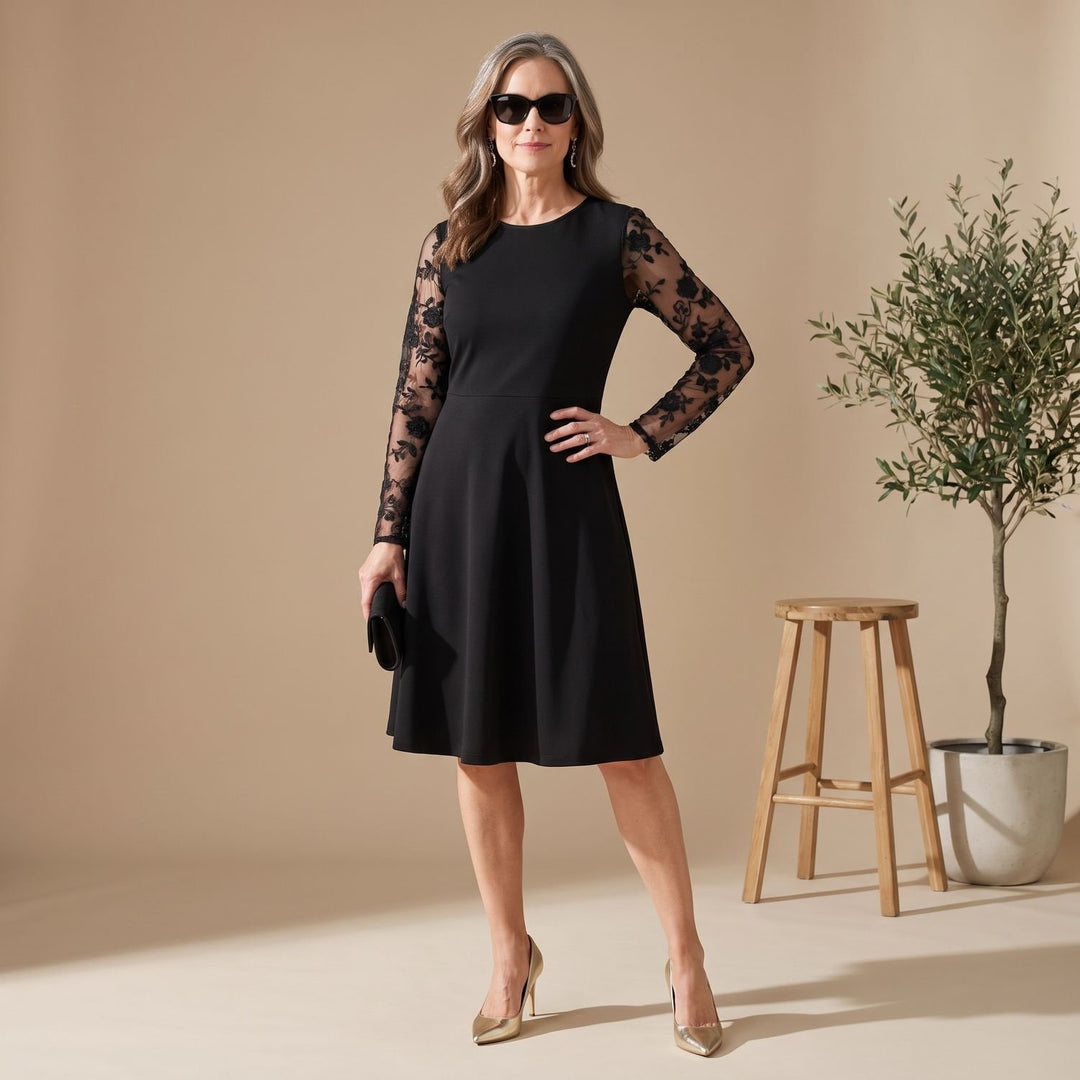 Women's A-Line Knee-Length Lace Sleeve Round-Neck Dress