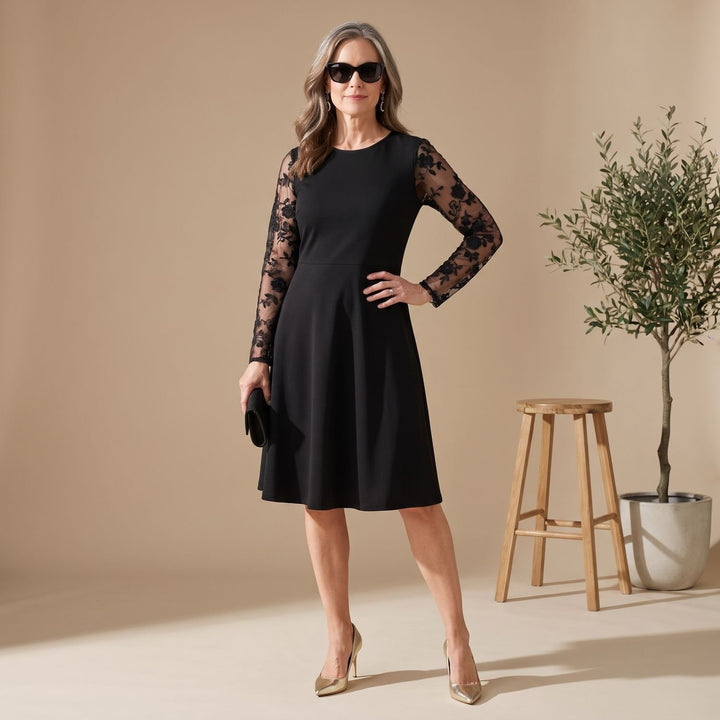Women's A-Line Knee-Length Lace Sleeve Round-Neck Dress