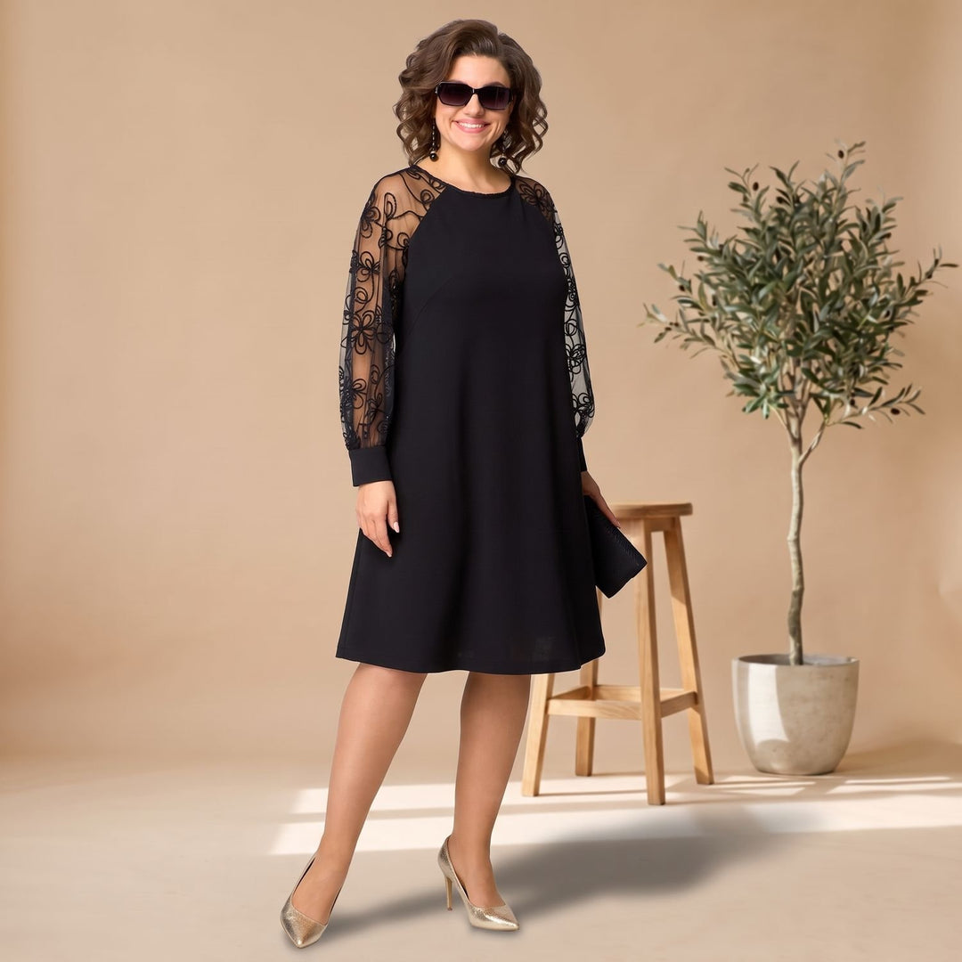 Women's A-Line Knee-Length Lace Sleeve Round-Neck Dress