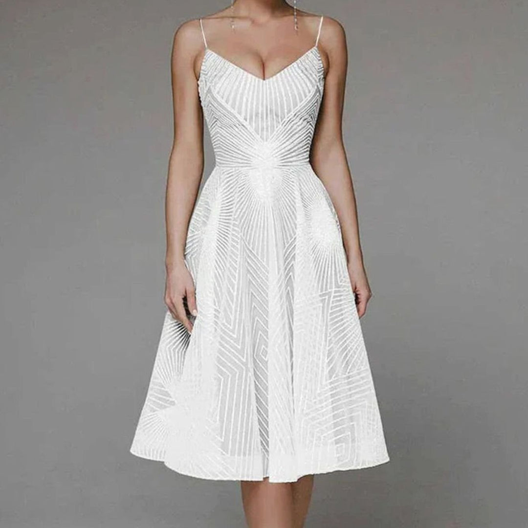 Women's A-Line Midi Cocktail Dress Spaghetti Strap Lace - White