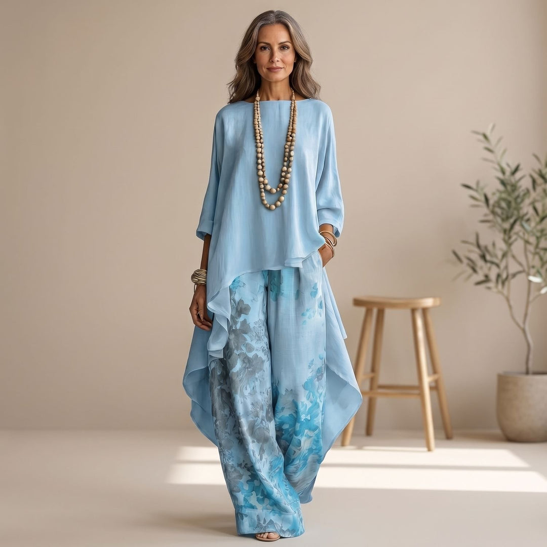 Women's Asymmetrical Tunic Wide-Leg Pants Two Piece Set - Blue