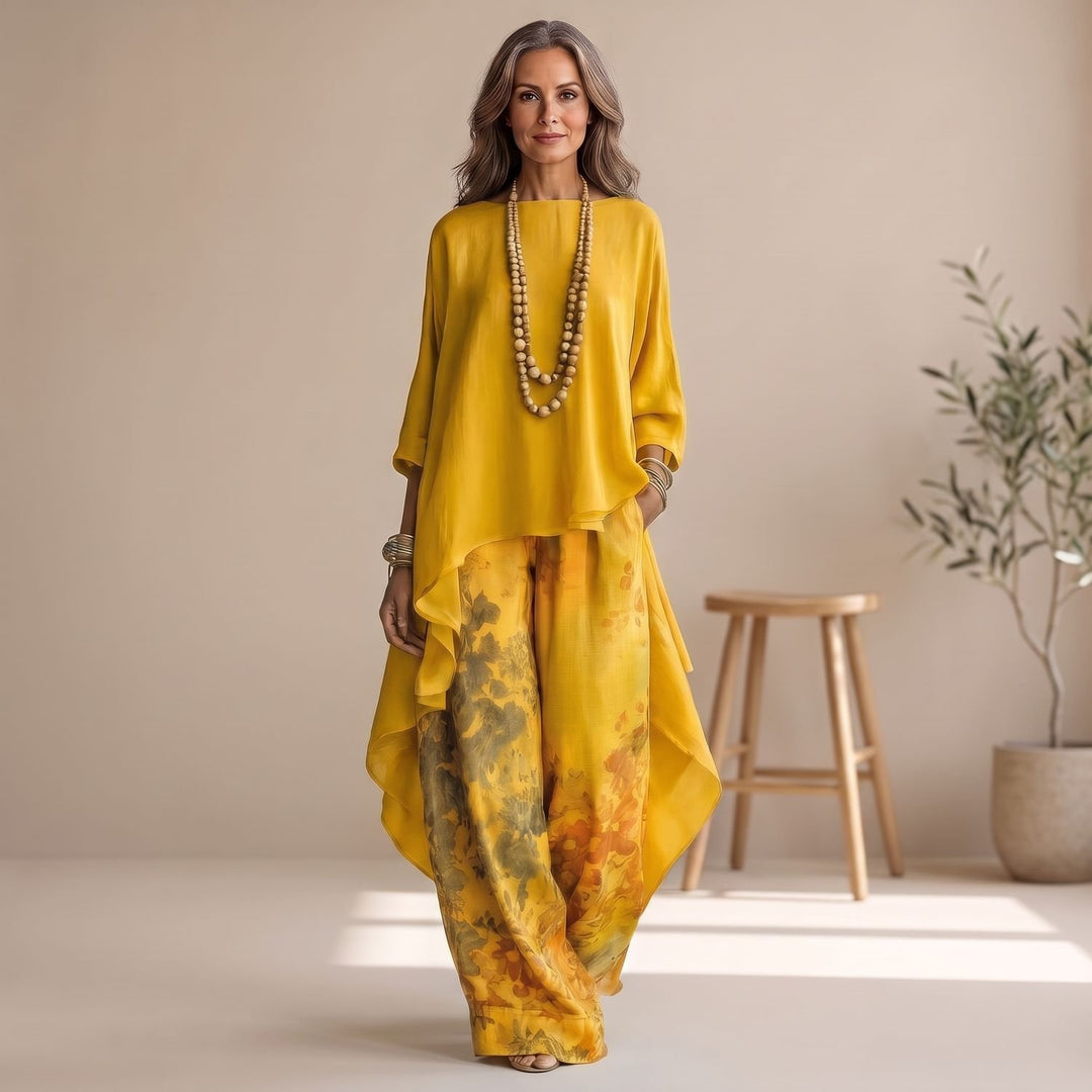 Women's Asymmetrical Tunic Wide-Leg Pants Two Piece Set - Yellow