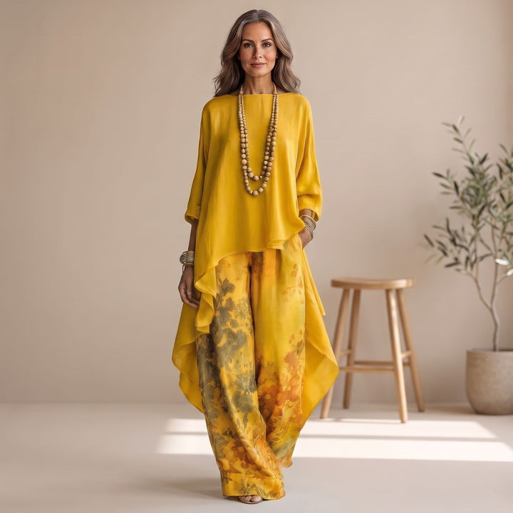 Women's Asymmetrical Tunic Wide-Leg Pants Two Piece Set - Yellow