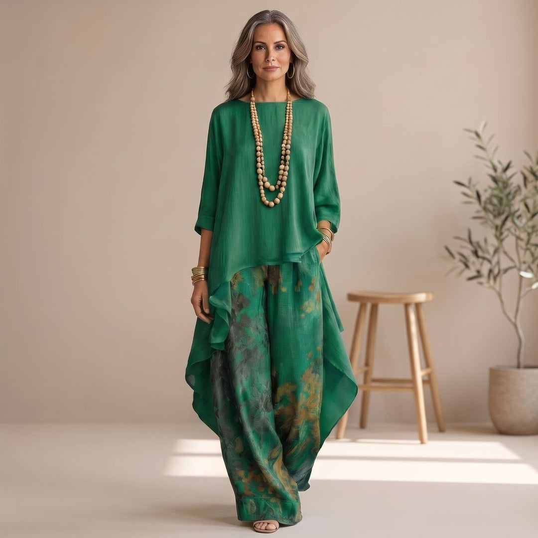 Women's Asymmetrical Tunic Wide-Leg Pants Two Piece Set - Green