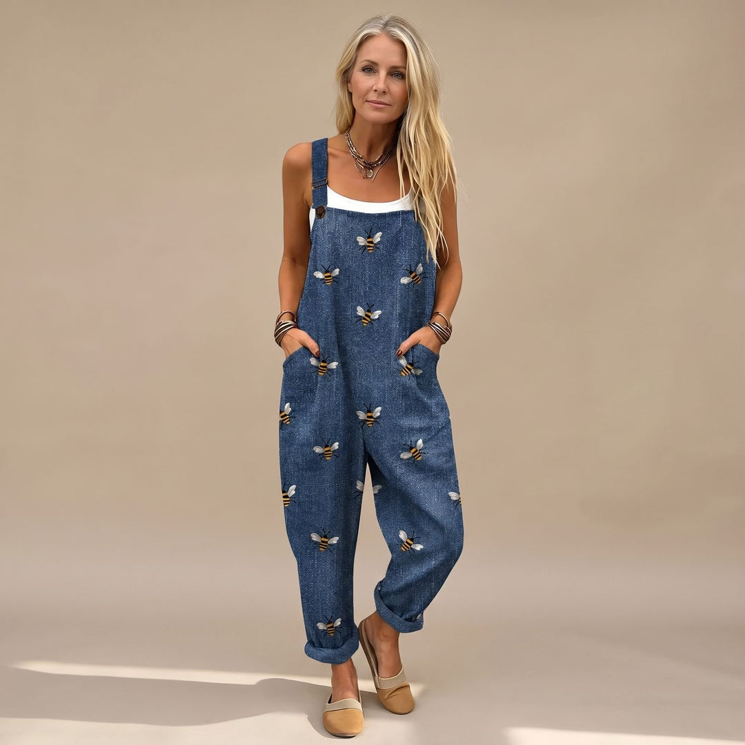Women's Bee Print Adjustable Strap Wide-Leg Bib Jumpsuit