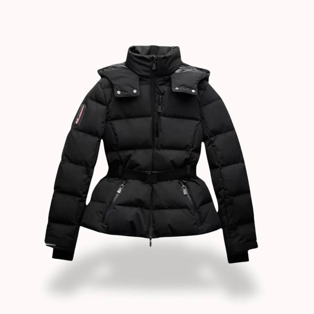Women's Belted Quilted Puffer Jacket Hooded Zip-Pocket Winter Coat - Black