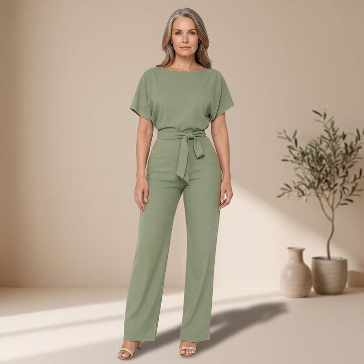 Women's Belted Wide-Leg Short-Sleeve Jumpsuit - Light Green
