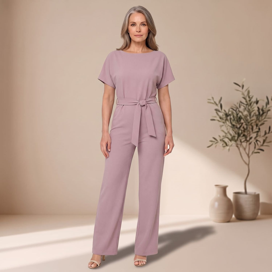 Women's Belted Wide-Leg Short-Sleeve Jumpsuit - Pink