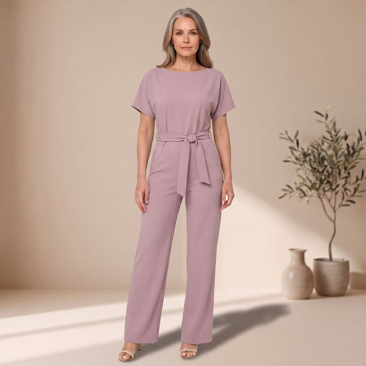 Women's Belted Wide-Leg Short-Sleeve Jumpsuit - Pink