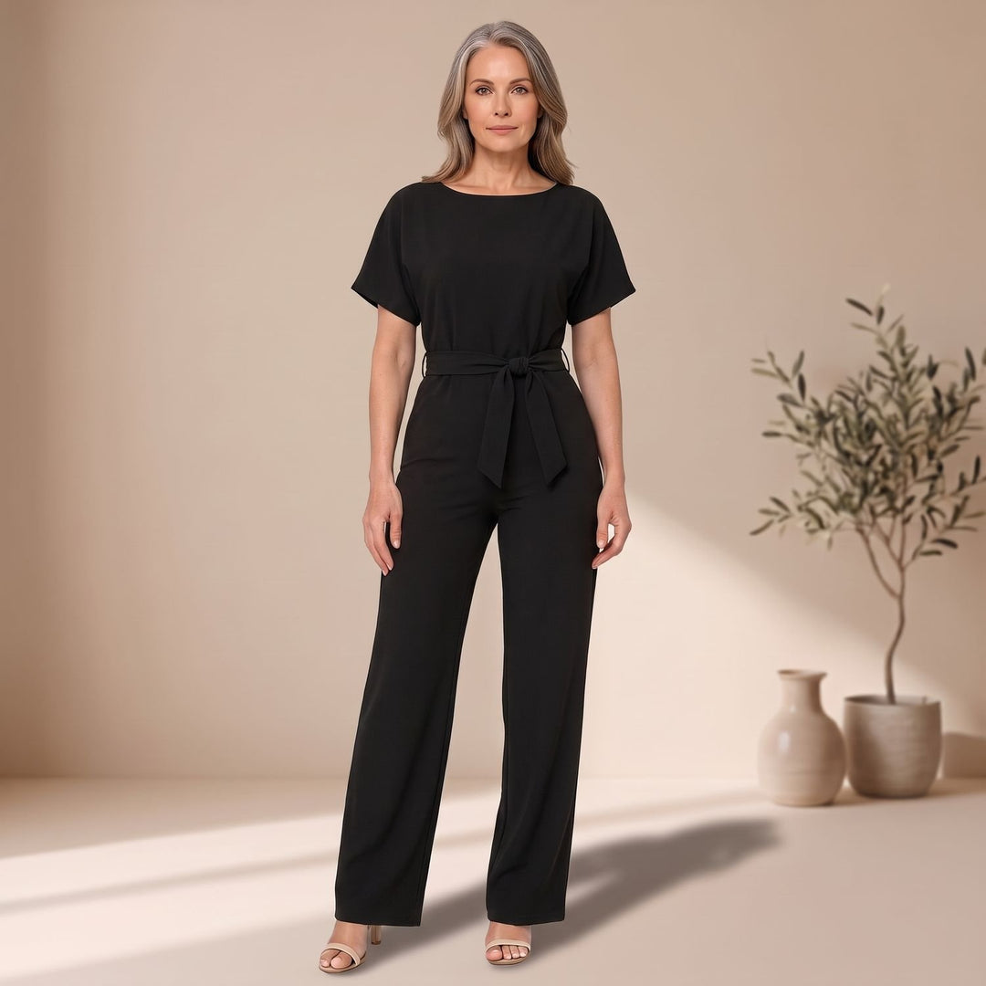 Women's Belted Wide-Leg Short-Sleeve Jumpsuit - Black