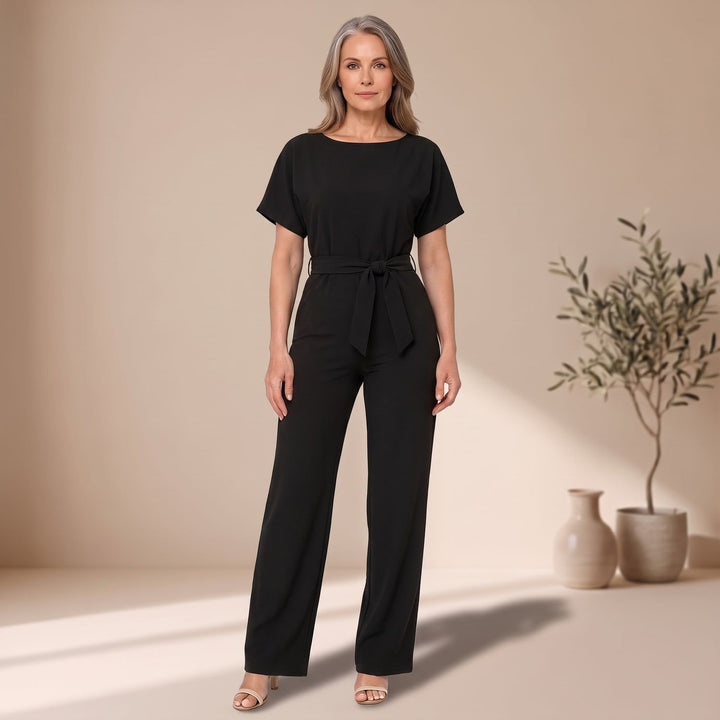 Women's Belted Wide-Leg Short-Sleeve Jumpsuit - Black