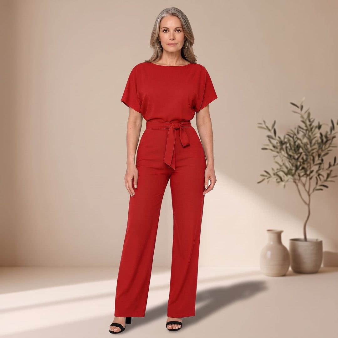 Women's Belted Wide-Leg Short-Sleeve Jumpsuit - Red