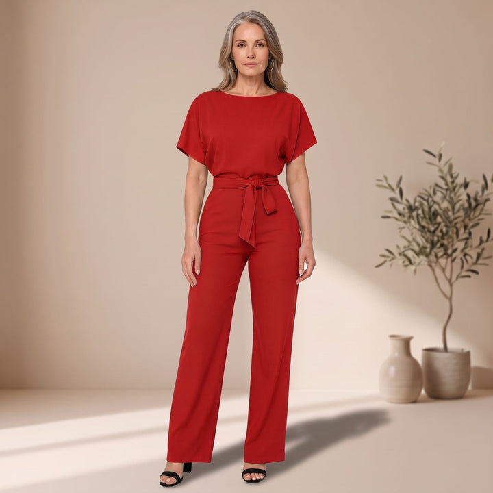 Women's Belted Wide-Leg Short-Sleeve Jumpsuit - Red