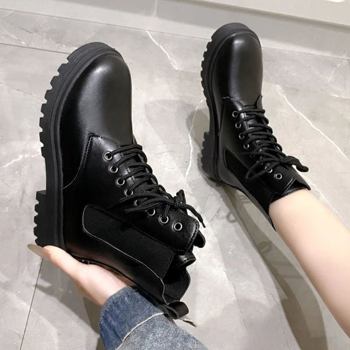 Women's Black Mid-Heel Lace-Up Ankle Combat Boots