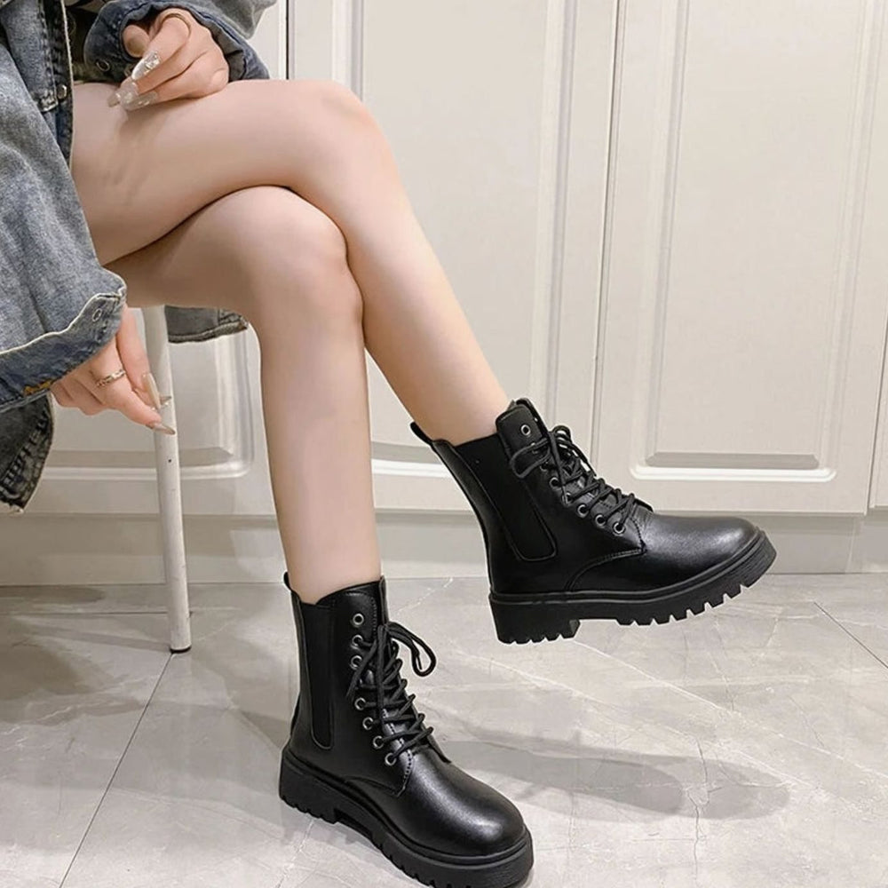 Women's Black Mid-Heel Lace-Up Ankle Combat Boots