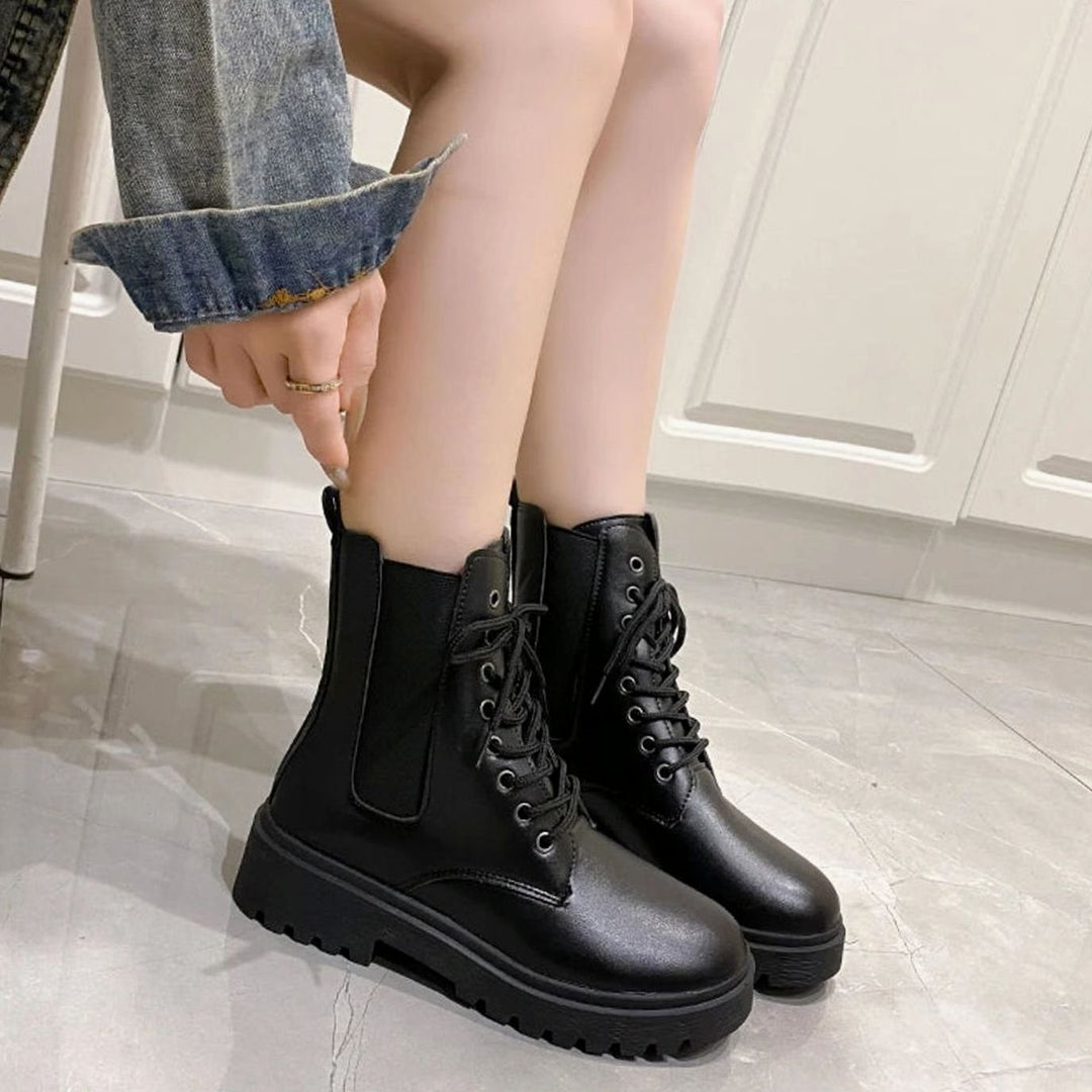 Women's Black Mid-Heel Lace-Up Ankle Combat Boots - Black