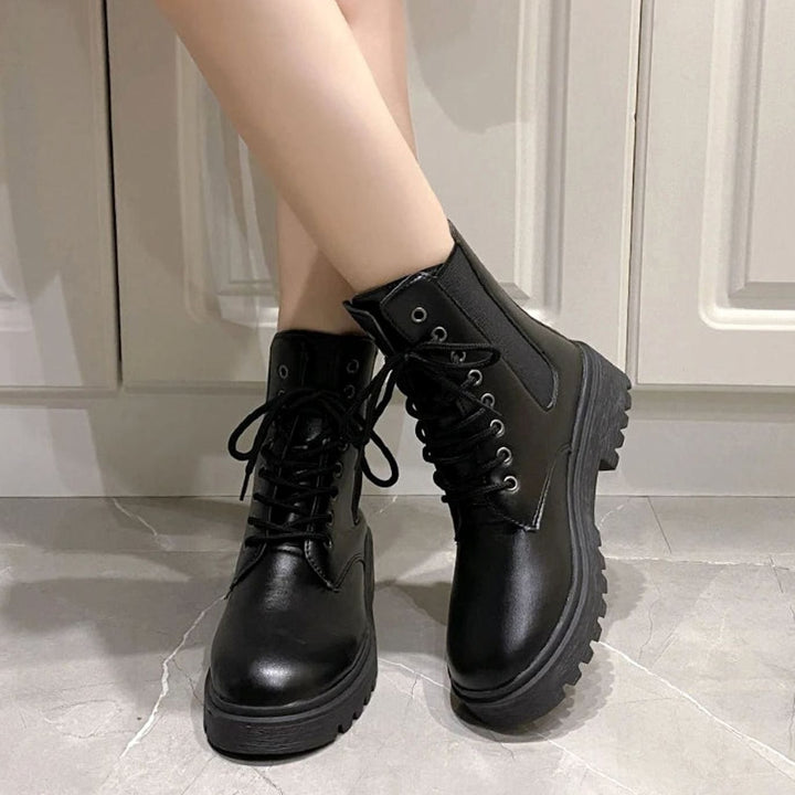 Women's Black Mid-Heel Lace-Up Ankle Combat Boots