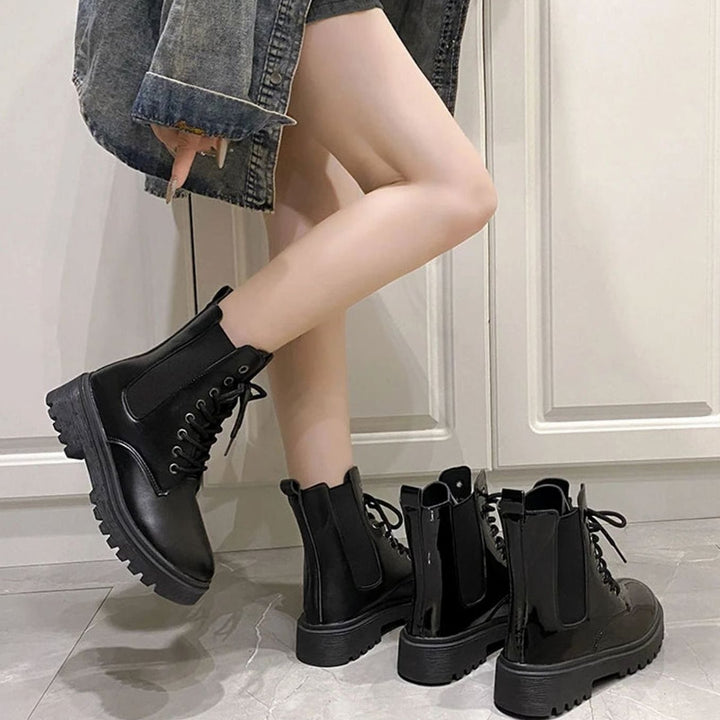 Women's Black Mid-Heel Lace-Up Ankle Combat Boots