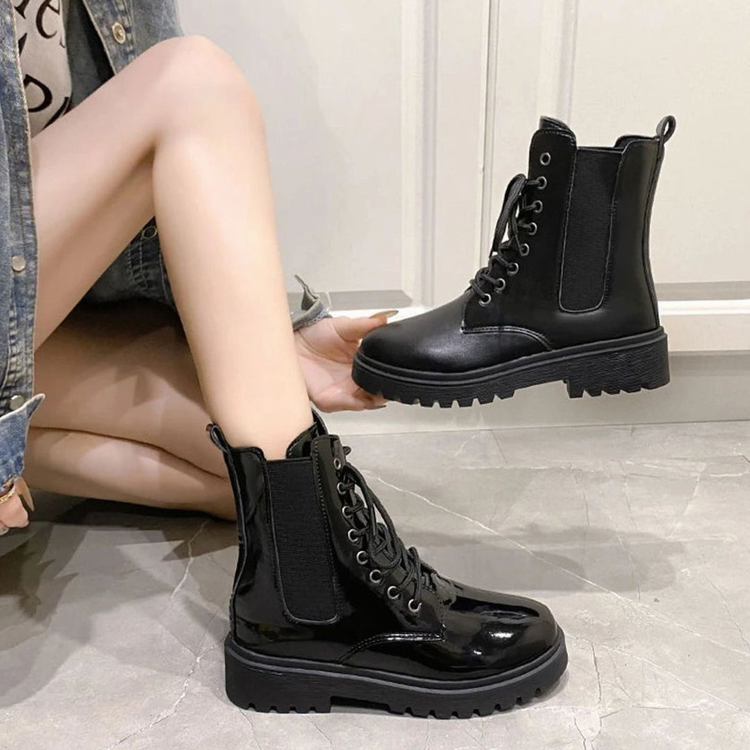 Women's Black Mid-Heel Lace-Up Ankle Combat Boots
