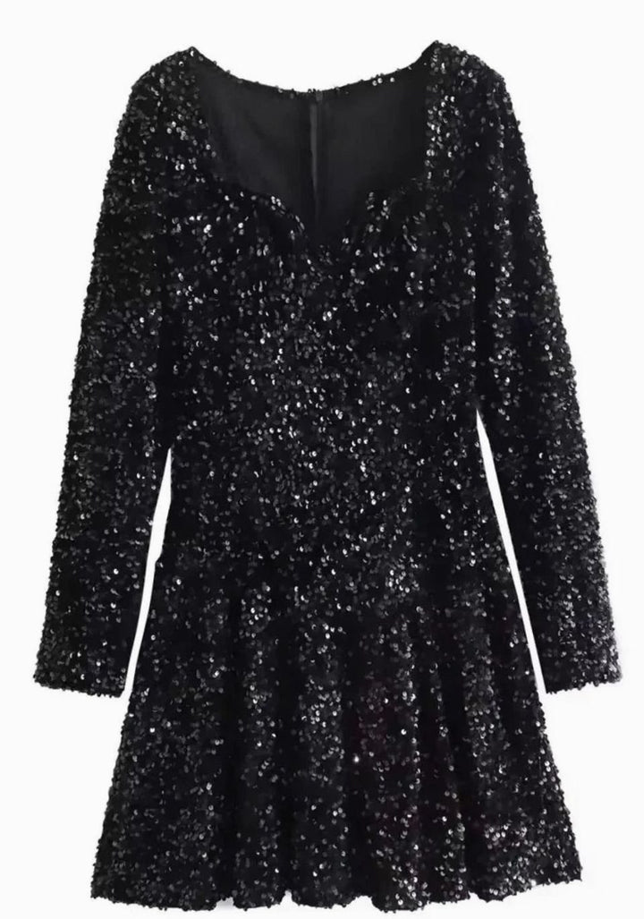 Women's Black Sequin Long-Sleeve Sweetheart Mini Christmas Party Dress