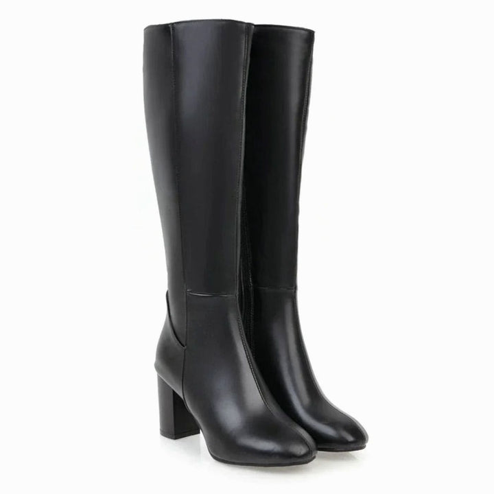 Women's Block Heel Knee High Boots Side-Zip Faux Leather - Black