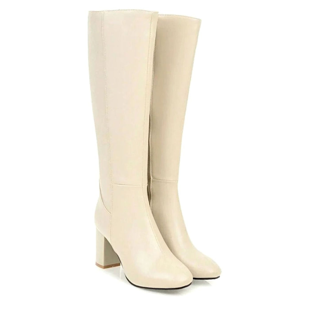 Women's Block Heel Knee High Boots Side-Zip Faux Leather - Beige