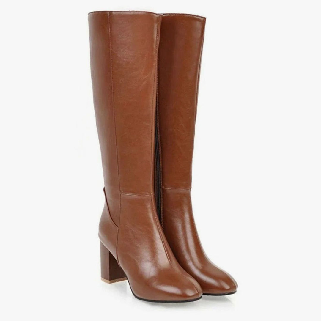 Women's Block Heel Knee High Boots Side-Zip Faux Leather - Brown