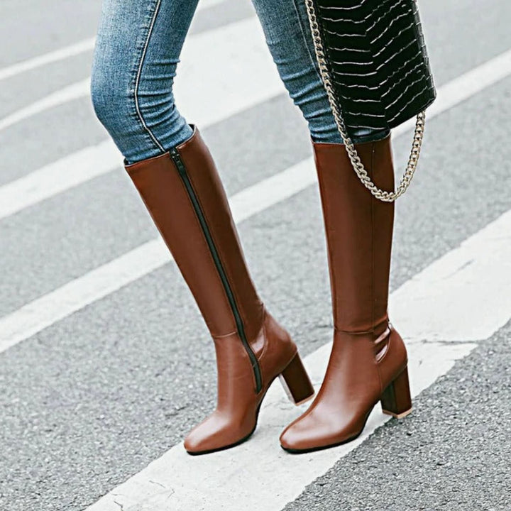 Women's Block Heel Knee High Boots Side-Zip Faux Leather