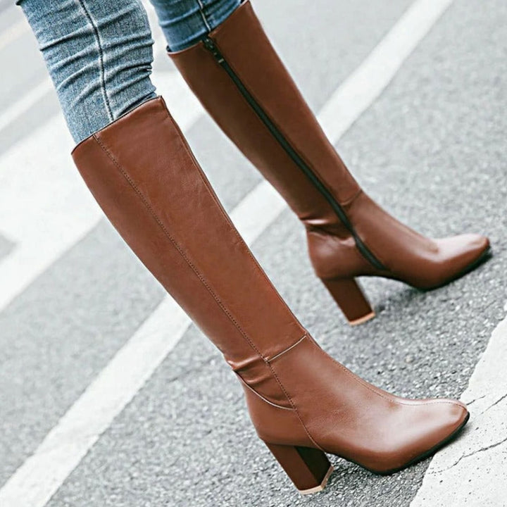 Women's Block Heel Knee High Boots Side-Zip Faux Leather