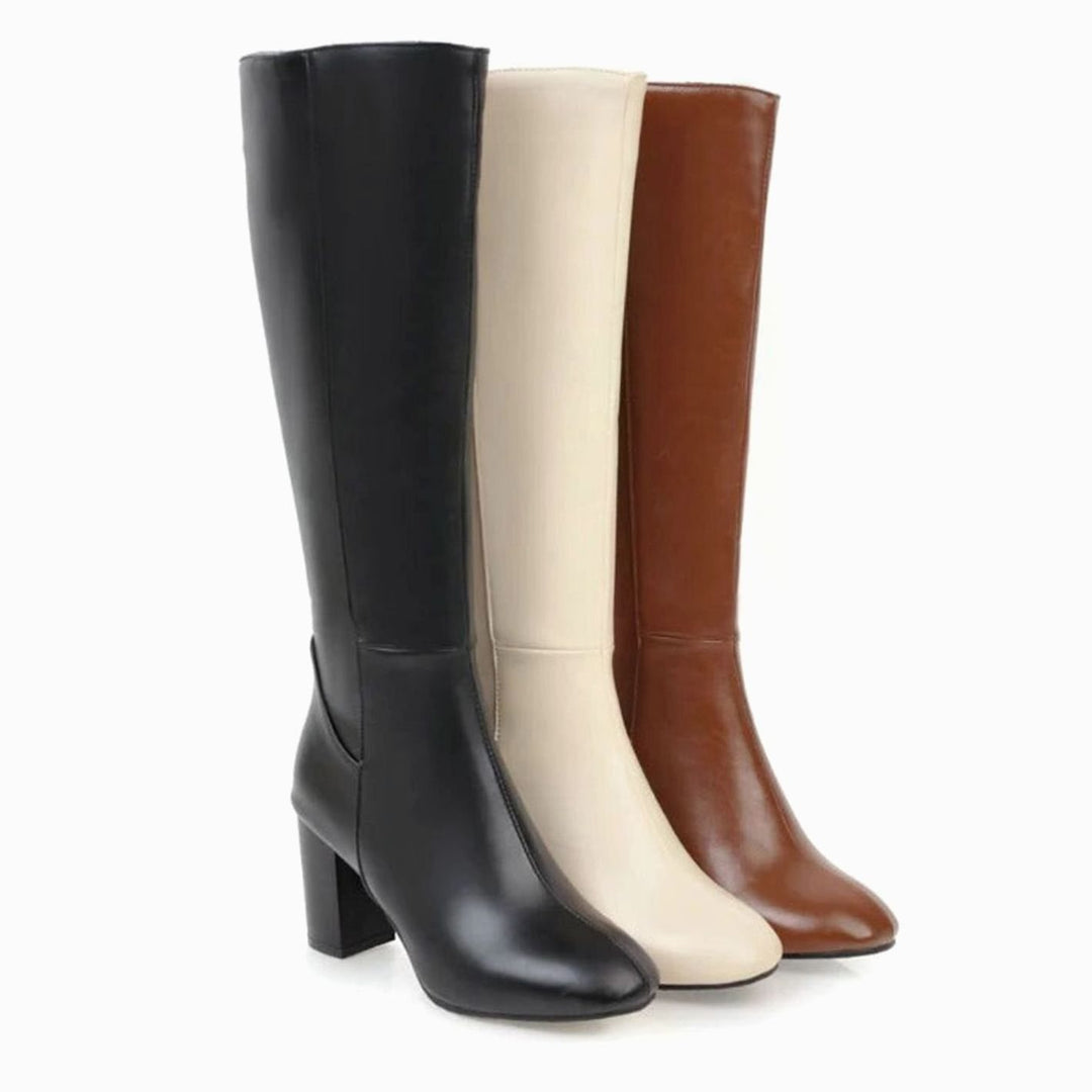 Women's Block Heel Knee High Boots Side-Zip Faux Leather