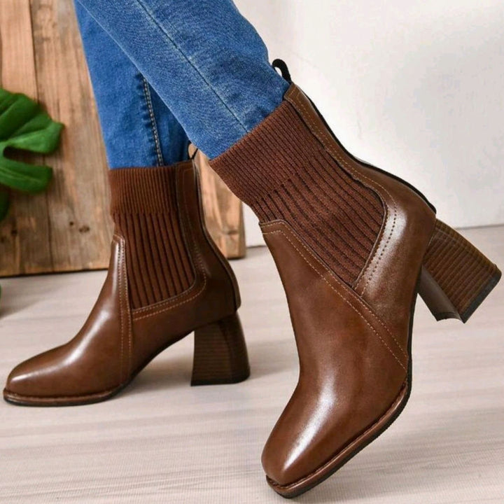 Women's Block Heel Slip-On Ankle Boots Knit Sock Shaft