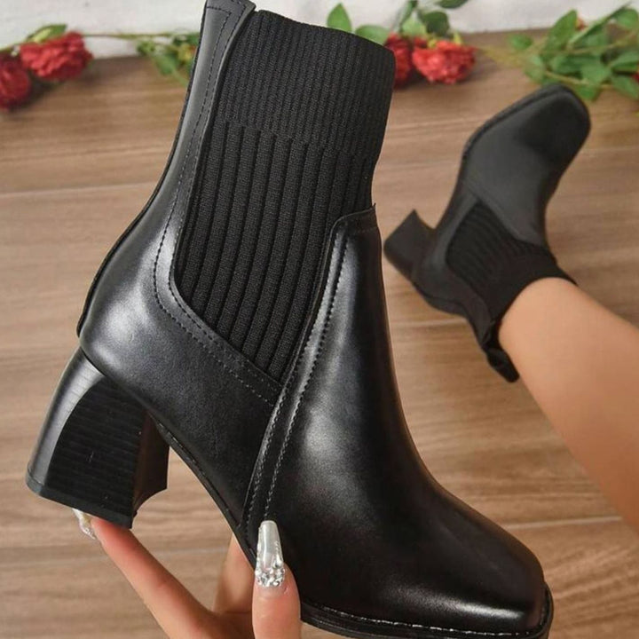 Women's Block Heel Slip-On Ankle Boots Knit Sock Shaft