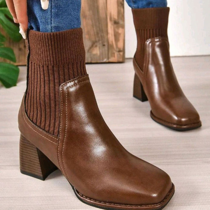 Women's Block Heel Slip-On Ankle Boots Knit Sock Shaft