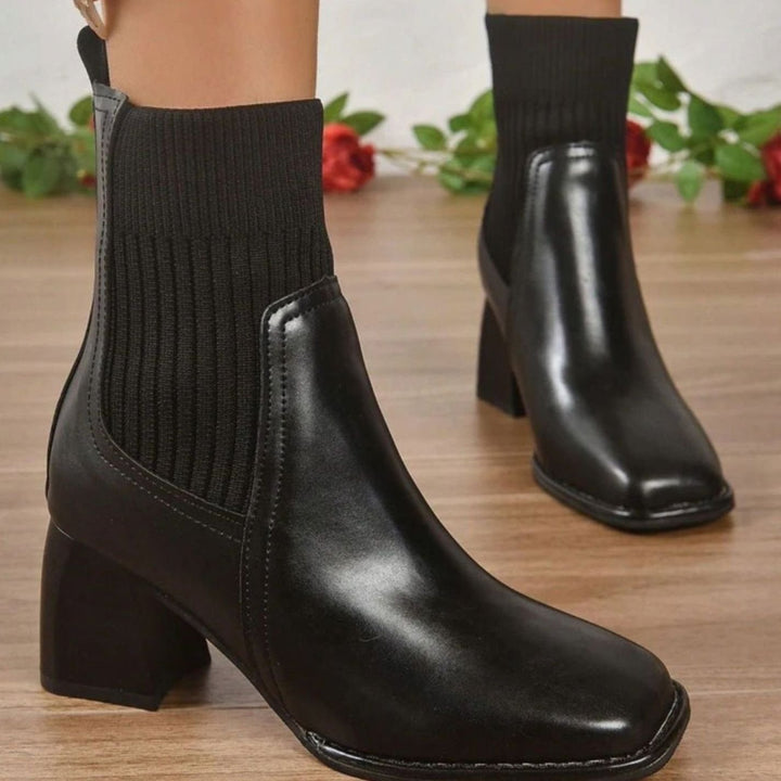 Women's Block Heel Slip-On Ankle Boots Knit Sock Shaft - Black