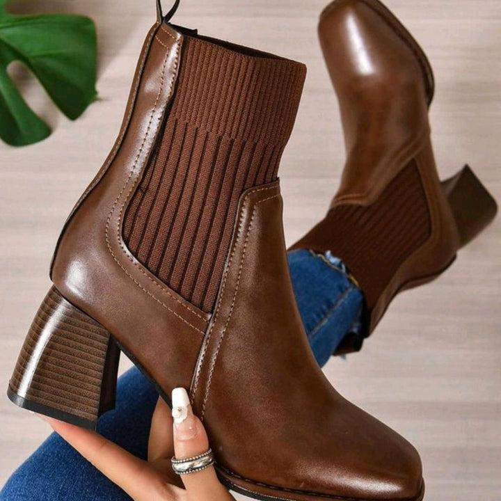 Women's Block Heel Slip-On Ankle Boots Knit Sock Shaft - Brown