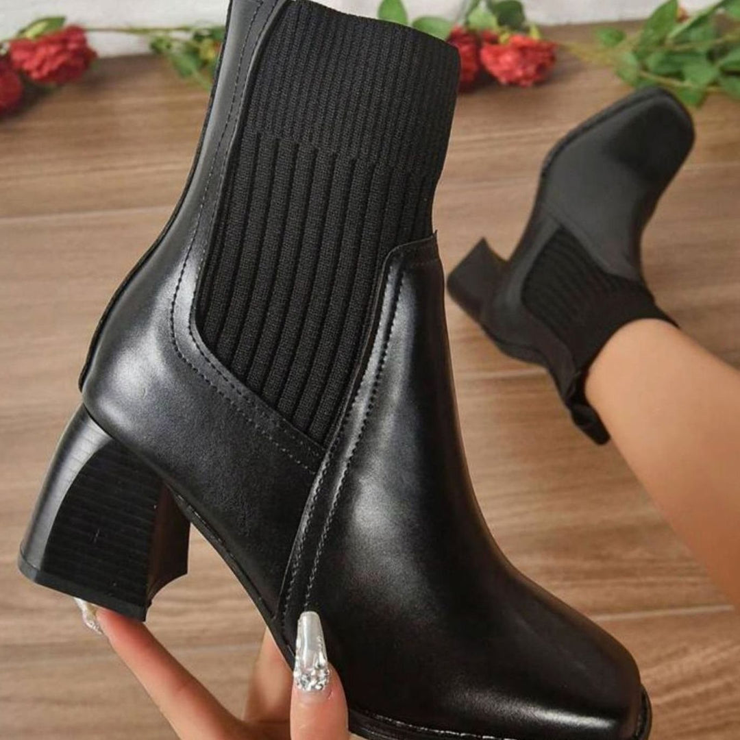 Women's Block Heel Slip-On Ankle Boots Knit Sock Shaft
