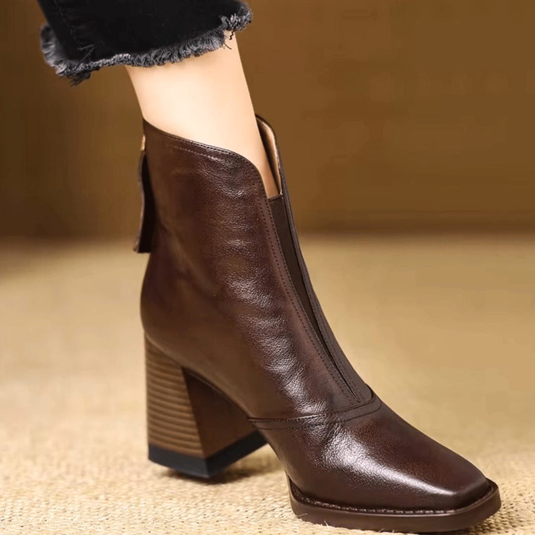 Women's Block-Heel V-Cut Back-Zip Leather Ankle Boots - Brown