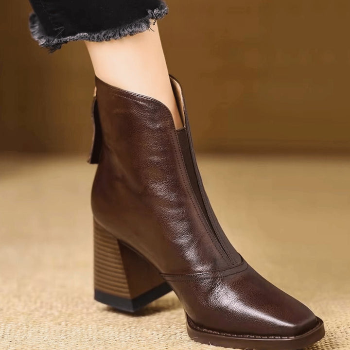 Women's Block-Heel V-Cut Back-Zip Leather Ankle Boots