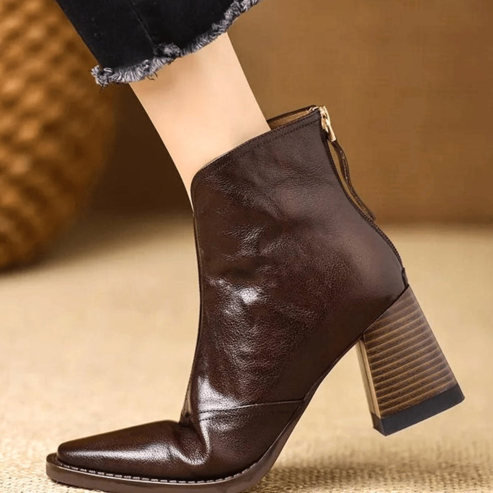 Women's Block-Heel V-Cut Back-Zip Leather Ankle Boots