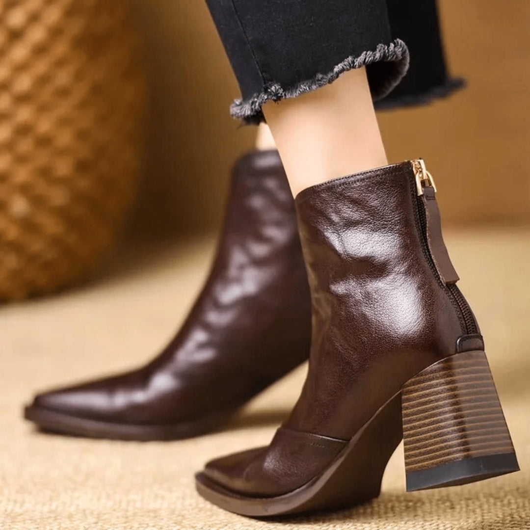 Women's Block-Heel V-Cut Back-Zip Leather Ankle Boots